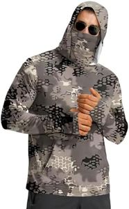 Hooded Sun Shirts for Men - Fishing Hoodies for Men with Hood & Face Mask & Thumb Hole Camouflage Print Long Sleeve UV Protection Shirt Men Breathable Rash Guard Shirt - Hiking,Fishing,Camping,Travel