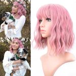 VCKOVCKO Pastel Wavy Wig With Air Bangs Women's Short Bob Purple Pink Wigs Curly Wavy Shoulder Length Pastel Bob Synthetic Cosplay Wig for Girls Daily Use Colorful Wigs(12 Inch , Purple Pink)