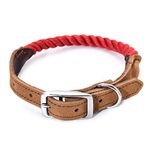 Mile High Life | Premium Cotton Rope Dog Collar | Stainless Steel Pin Buckle Ring Dog Collar | Genuine Leather Belt Collar | for Medium Dog Large Dogs(Red Medium (Pack of 1))