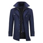 Allthemen Mens Winter Padded Coat Wool Trench Overcoat Mid Length Coat Jacket Casual Slim Fit Coat Jacket Navy 1 L