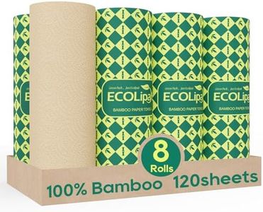 ECOLipak Tree-Free Paper Towels – 8 Rolls, 2-Ply, 120 Sheets per Roll, Plastic-Free, Compostable, Disposable Kitchen Paper Towels, Soft & Absorbent, Dye-Free, PFAS-Free, Nature