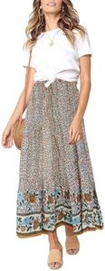 MEROKEETY Women's Boho Floral Print Elastic High Waist Pleated A Line Maxi Skirt, M Cream