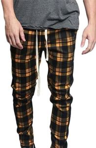 Men's Plaid Checkered Tartan Outer Side Stripe Inseam Ankle Zipper Drawstring Premium Track Pants TR537 - Gold - Small - JJ5E