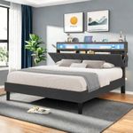 YITAHOME Queen Size Bed Frame, LED Bed Frame with Storage Upholstered Headboard, Platform Bed with Outlet & USB Ports, No Box Spring Needed, Easy Assembly, Grey