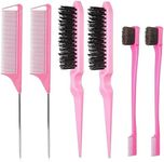 SYTHAK 6pcs Hair Brush Styling Combs Set,Slick Bristle Hair Brush, Metal Pin Rat Tail Comb and Double Sides Edge Brush for Edge & Back Brushing, Women Girls Men Combing, Smoothing and Styling Hair.PINK