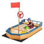 Costzon Pirate Boat Wood Sandbox for Kids, Wooden Pirate Sandpit w/Bench Seat, Storage Space, Ground Liner, Realistic Flag & Rudder, Children Outdoor Playset for Backyard, Home, Lawn, Garden