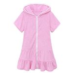 Swim Cover Up for Girls Summer Kids Swimsuit Coverup Zip Up Beach Bathing Suit Hooded Bathrobe Absorbent Beach Pink