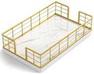 Wican Marble Guest Towel Holder Tray for Bathroom, Napkins Holder for Powder Room Dinning Table Wooden Basket for Disposable Paper Hand Towels Gold and Marble White