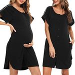 iClosam Women's Maternity Nightdress Button Down Nightgown Soft Cotton Breastfeeding Nightwear Labour Nursing for Hospital Pyjamas Loungewear Black