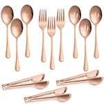 Large Copper Serving Utensils Set of 12, E-far Stainless Steel 9.8 Inch Serving Spoons Slotted Spoon, 9.9 Inch Serving Forks, 9.4 Inch Serving Tong for Buffet Catering, Mirror Finish & Dishwasher Safe