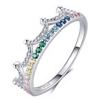 Qings 925 Sterling Silver Crown Ring with Colorful Cubic Zirconias Princess Ring Queen Band Tiara Wedding Eternity Cz Ring Jewellery Gifts for Girls Women Ladies Birthday Promise