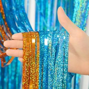 Melsan Orange and Light Blue Tinsel Fringe Curtain, 3 Pack 3.2 x 8.2 ft Extra Long Thicker Blue & Orange Streamers, Includes Adhesive + 3 Extra 3.1 Ft Tapes, Blue Dog Themed Birthday Backdrop