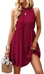 KIRUNDO Womens Summer Dresses 2025 Casual Halter Sleeveless Flowy Mini Babydoll Tiered Pleated Beach Sundress (Wine Red, X-Large)