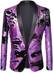 PYJTRL Men Stylish Two Color Conversion Shiny Sequins Blazer Suit Jacket (Purple + Black, L)