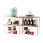 4-Pack Bamboo Kitchen Shelf Organizer for Cabinet, Expandable & Stackable Counter Cupboard Organiser, Storage Rack for Bathroom, Kitchen, Laundry Room White