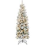 Best Choice Products Pencil Christmas Tree 6Ft Pre-Lit Artificial Snow Flocked Slim Skinny Christmas Tree Holiday Decoration w/250 Clear Lights