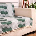 STITCHNEST Quilted Velvet Sofa Cover with Tassels – 70x60 Inch, Green & White Wave Design, Soft & Elegant, Washable Sofa Protector for 3-Seater