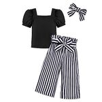 Girls Clothes Set Toddler Girl Outfits Kids Clothing Sets Short Sleeve Top + Bow Bow Striped Pants + Bow Headband 3Pcs 5-6 Years