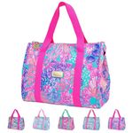 Lilly Pulitzer Cute Lunch Bag for Women, Large Capacity Insulated Tote Bag, Pink/Blue Mini Cooler with Storage Pocket and Shoulder Straps, Splendor in the Sand