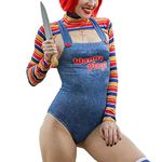 LOVHOT Women's 2 Pcs Halloween Costumes Set Scary Nightmare Killer Doll Wanna Play Movie Character Sexy Chucky Doll Bodysuit (Blue , L )