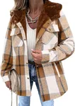 Zeagoo Casual Sherpa Jacket Women Thick Fleece Lined Fuzzy Hooded Plaid Shacket Jackets Button Down Long Sleeve Coat Fall Flannel Shirts