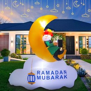 Wothfav Décorations Gonflables Ramadan, 5FT Décorations Ramadan Croissant de Lune Gonflable avec Muhammad, Gonflables Eid Mubarak avec LED Intégrée, Décorations Extérieures pour Vacances Musulmanes