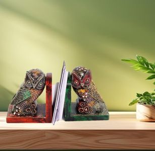 Purpledip Wooden Bookends 'Night Watch': Hand-Painted Owls (10300)