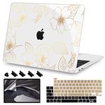 Teryeefi for 2022 2020 MacBook Pro 13 inch Case M2/M1 Chip (Model A2338 A2289 A2251 with Touch Bar), Plastic Hard Shell Case & Keyboard Cover & Screen Protector, Gold Floral Leaf