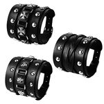 Flongo 3PCs Leather Cuff Bracelets Wide Wristbands Set for Men Women Rivet Genuine Leather Bracelet Punk Rock Gothic Biker Bracelets Adjustable Wrap Bangles Wrist Straps