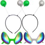 Silom 4pcs Alien Headband and Glasses,Alien Rainbow Lens Sunglasses,Alien Costume Headband Boppers Antenna for Adults (Green+Silver)