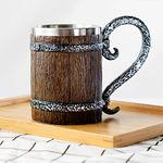 Arola Handmade Wooden Barrel Beer Mug, Stainless Steel Vintage Beer Cup, Medieval Drinkware Mug for Coffee/Beverage/Juice17oz Gift for Men.