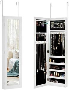 Giantex LED Jewelry Cabinet, Wall Mounted & Door Hanging Jewelry Armoire, Makeup Jewelry Organizer w/Full Length Dressing Mirror, Large Storage Jewelry Box for Bedroom, Closet, Dressing Room, White