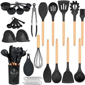 Kitchen Utensils Set,35Pcs Silicone Cooking Utensils Set with Holder,Wooden Handles Heat Resistant Silicone Kitchen Gadgets with Turner Tongs,Spatula, Spoon,Brush,Whisk Nonstick Cookware Kitchen Tools