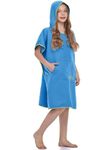 FLYILY Changing Towel Poncho Hooded light weight Microfiber surf wetsuit changing with pocket, Adults/Kids beach swimming changing towel (Blue, Small(Fit for Kids))