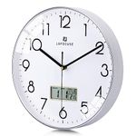 Lafocuse Silent Kitchen Wall Clock with Date and Day Temperature,Silver Wall Clocks for Living Room Modern Bedroom,LCD Display Quartz Digital Wall Clock Battery Operated for Office 12 Inch