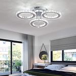 VETRULUS Crystal LED Chandelier, Led Ceiling Light Flush Mount Modern Stainless Steel Pendant Lights Fixtures for Bedroom Living Room Dining Room (3 Rings Cool Light)