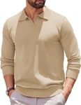 COOFANDY Long Sleeve Polo Shirts for Men Knit Polo Sweater Lightweight Ribbed Pullover Sweater Khaki