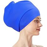 Extra Large Swiming Cap for Women and Men, Skycase Waterproof Silicone Bath Pool Shower Surf Swim Cap for Long Thick Curly Hair, Dreadlocks, Weaves, Braids, Afros-Blue