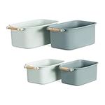 Navaris 4x Plastic Organiser Box - Set of 4 Storage Boxes - Basket Utensil Holder Caddy w/Wooden Handle for Bathroom Kitchen - 2 Sizes, Green/Sage