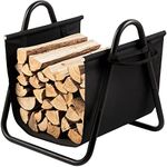 AMAGABELI GARDEN & HOME Fireplace Log Holder with Canvas Firewood Rack Indoor Tote Carrier Metal Wood Rack Black Firewood Holders Storage Heavy Duty Logs Stacker Basket with Handles Kindling