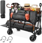 HOPERAN 54" Double Decker Wagon Cart with Wheels Foldable, 400L Large Capacity Collapsible Wagon, 550LBS Load Heavy Duty Wagons Carts Foldable, Extra Long Folding Wagon, Beach Wagon for Camping（Black）