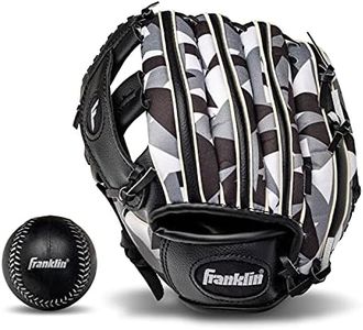 Franklin Sports RTP Teeball Performance Gloves & Ball Combo, 9.5", Left Hand Throw, Black/White
