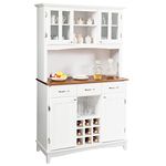 TANGZON Kitchen Storage Sideboard, Cupboard Storage Cabinet with Countertop, 9 Wine Compartments, Drawers, Adjustable Shelves and Glass Doors, Living Room Freestanding Buffet Storage Units (White)