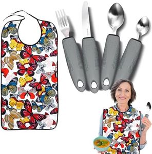 Adaptive Utensils with Adult Bib - 4pcs Weighted Utensils Set (2.5oz Each) for Hand Tremors, Elderly, Parkinson's, Arthritis - Non-Slip Easy Grip Handles for Independent Eating