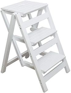KINGBO Step Stool for Adults/Step Ladder/Counter Chair, 3-Step Folding Portable Wooden Step Stool, Anti-Slip & Lightweight (White)