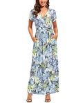 OUGES Womens' V-Neck Pattern Pocket Maxi Long Dress, Grey Floral, XX-Large