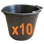 10 x Black Plastic Builders Bucket 3 Gallon 14 Litre Water Mixing Storage Strong with Handle Made in U.K.