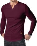 JMIERR Mens Shirts Casual V-Neck Muscle Slim Fitted Workout Gym Athletic T-Shirts Fall Fashion Long Sleeve Henley Shirt for Men, M, Burgundy