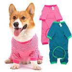 Dog Pajamas Cotton Striped Pup Jumpsuit, Breathable 4 Legs Basic Pjs Shirts for Puppy and Cat, Super Soft Stretchable Dog Jammies for Boys and Girls (Medium, Pink+Green)