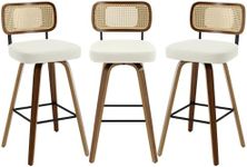 Bekrvio Swivel Bar Stools Set of 3, Upholstered Faux Leather Barstools with Rattan Back, 29" Seat Height Bar Chairs for Kitchen Island, Bentwood Wood Frame, Cream White